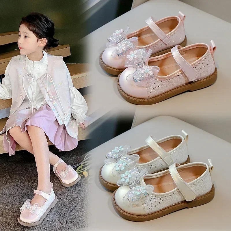 

Girls' PU Leather Shoes Spring Autumn New Korean Little Girl Bow Rhinestone Princess Loafer Soft-soled Dance Flats