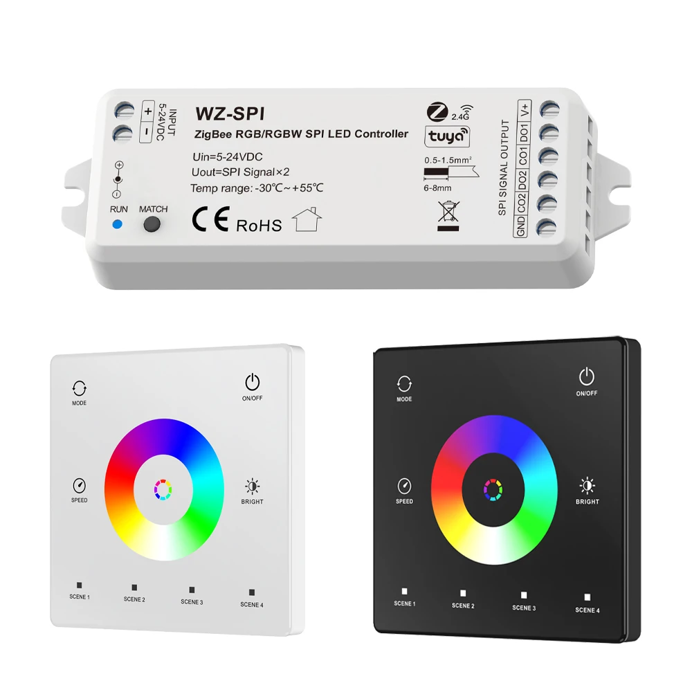 

Контроллер CENFAYA ZigBee RGB RGBW SPI для светодиодов, управление через приложение Tuya, голосовое управление, умный контроллер SPI RF, настенная сенсорная панель, беспроводной пульт RF 2.4G