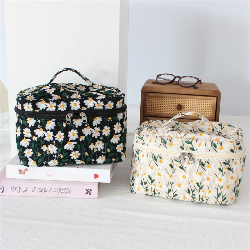 Embroidered Floral Makeup Bag Large Capacity Double-Zipper Cosmetic Organizer Case for Women