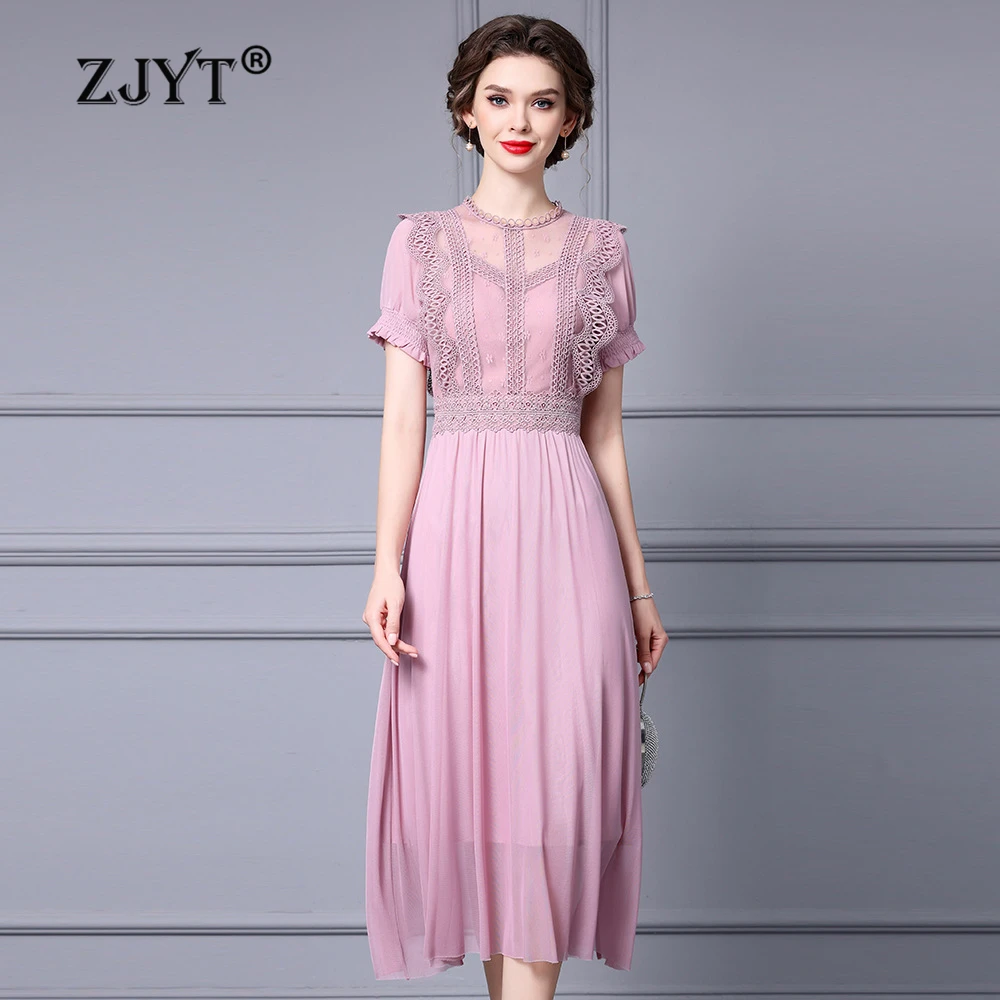 

ZJYT Fashion Summer Womens Dresses 2024 Elegant Chic Lace Mesh Patchwork Midi Party Dress Pink Vestidos Femininos Short Sleeve