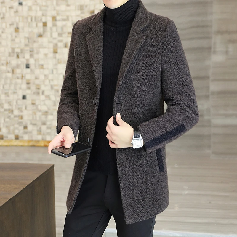 Winter Woolen Jacket Men's Thick Cotton Suit Collar Windbreaker Medium Long Slim Fit Casual Business Trench Blends Woolen Coat