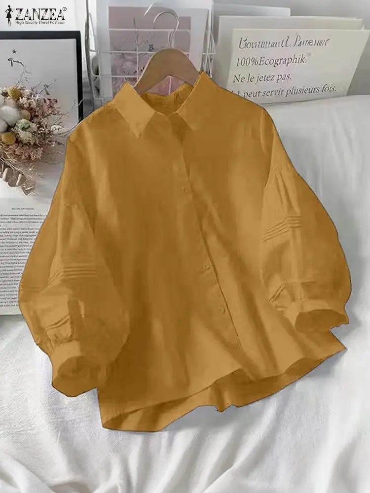 Women Fashion Blouses ZANZEA Lantern Long Sleeve Autumn Tops Lapel Elegant Office Lady Shirts Casual Female Blusas Streetwear