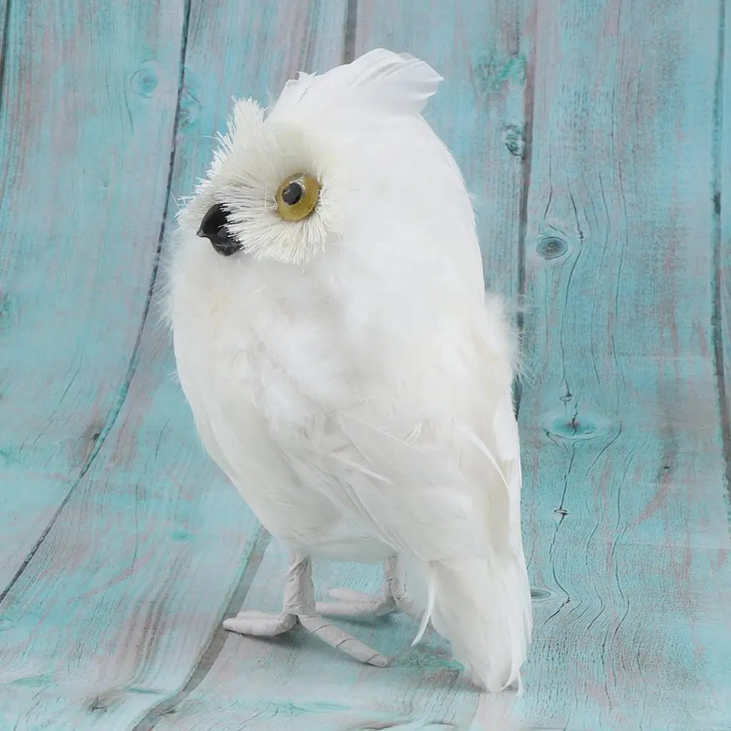 White Feathered Owl Bird Furry Deterrent Home Decor, 7inch