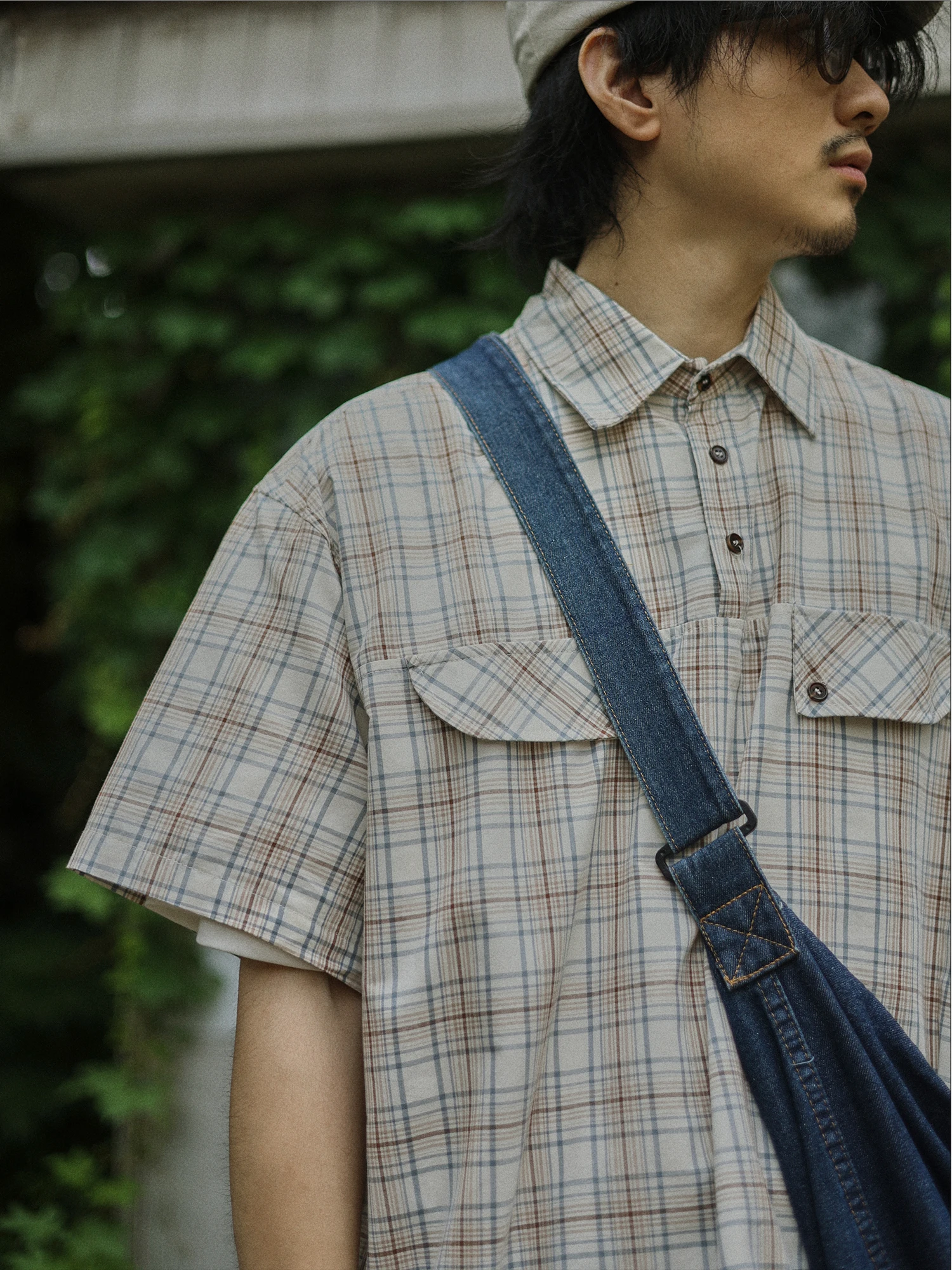 

Loose Cotton Polyester Plaid Short Sleeve Shirt Men's Summer Vintage Style Versatile Youth Design Casual Breathable Top