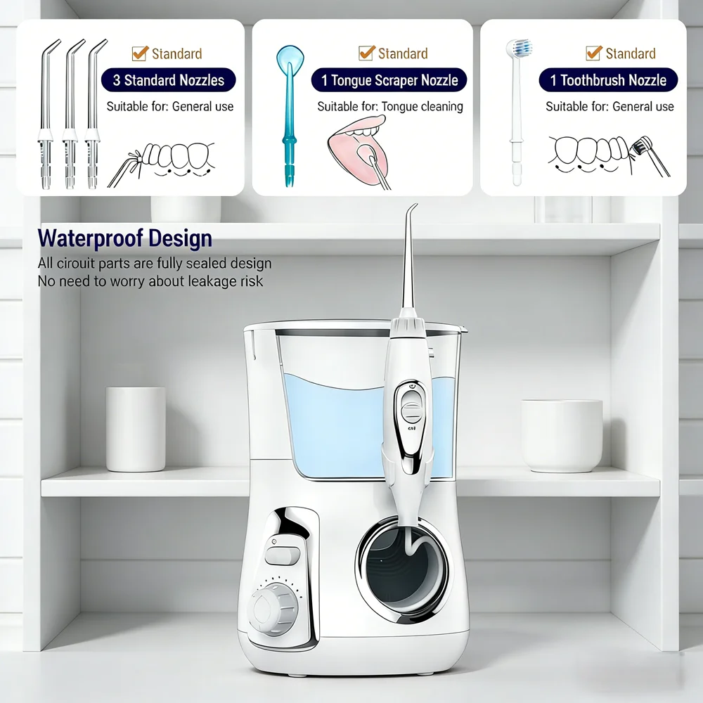 

Электрический ирригатор для полости рта с 10 режимами, 800 мл, настольный, для гигиены при брекетах и ежедневной чистки зубов, 5 насадок