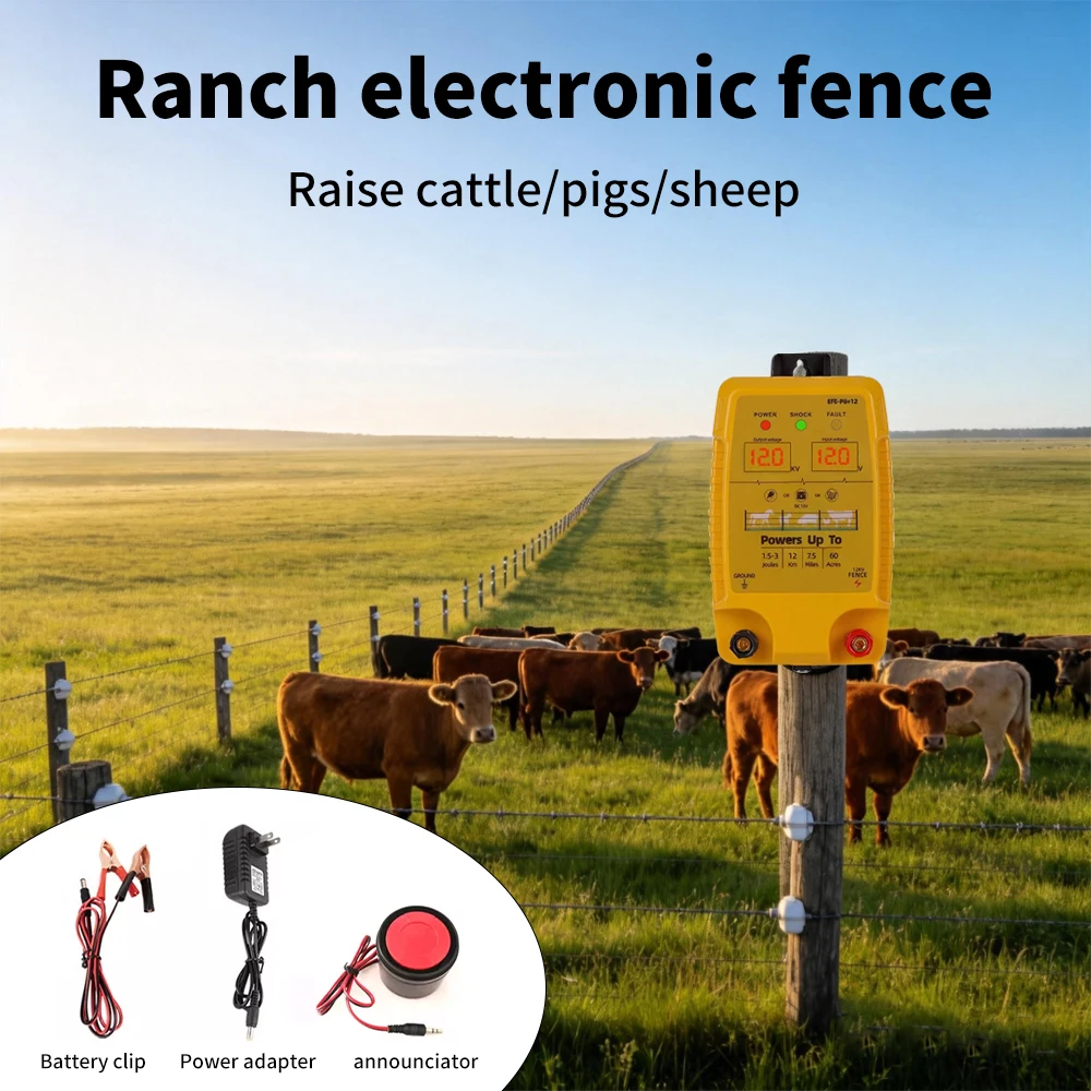12V 12KV 5KM Electric Fence Energizer with LCD Display, High Voltage Pulse Livestock Fence Controller for Cattle Sheep Pasture