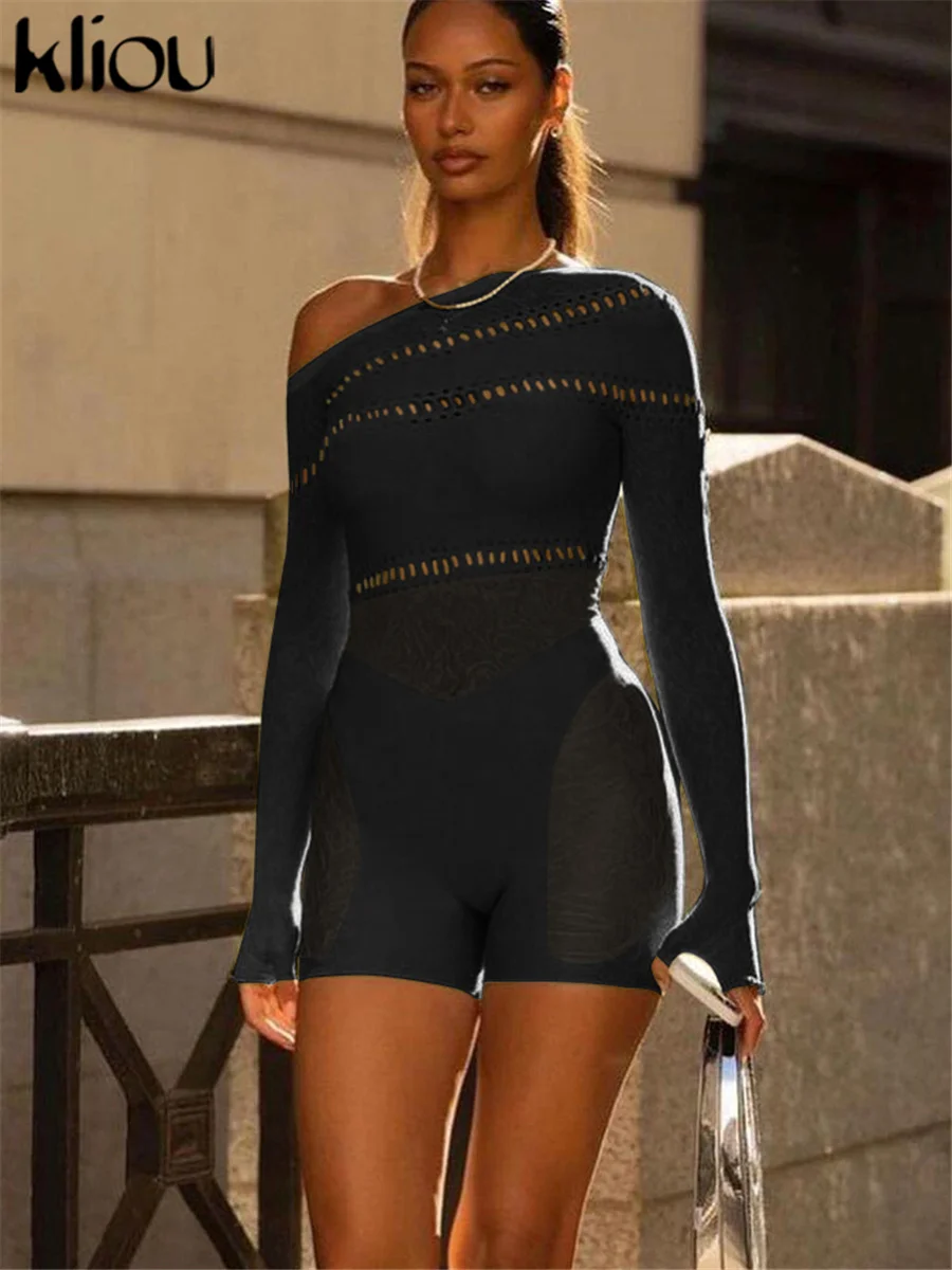 

Kliou Mesh See Through Midnight Playsuits Women Sexy Inclined Shoulder Long Sleeve Hollow Out Patchwork Skinny Clubwear Rompers