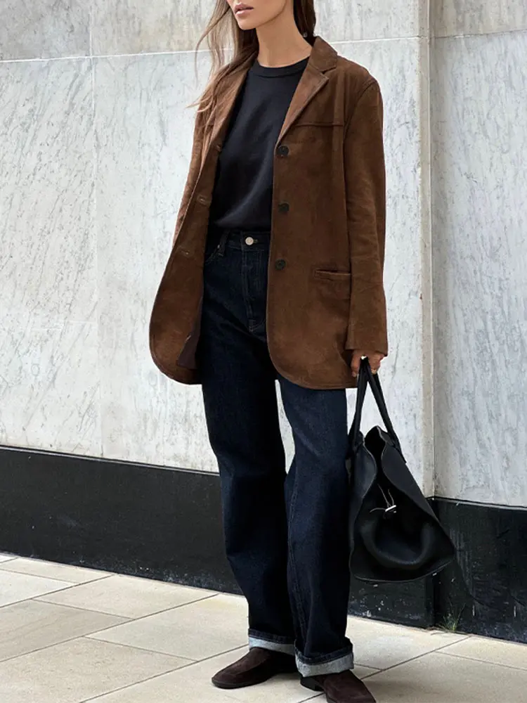 Fashion Brown Lapel With Pocket Jacket Woman Single Breasted Long Sleeve Blazer Coat 2024 Autumn Lady High Street Outwear