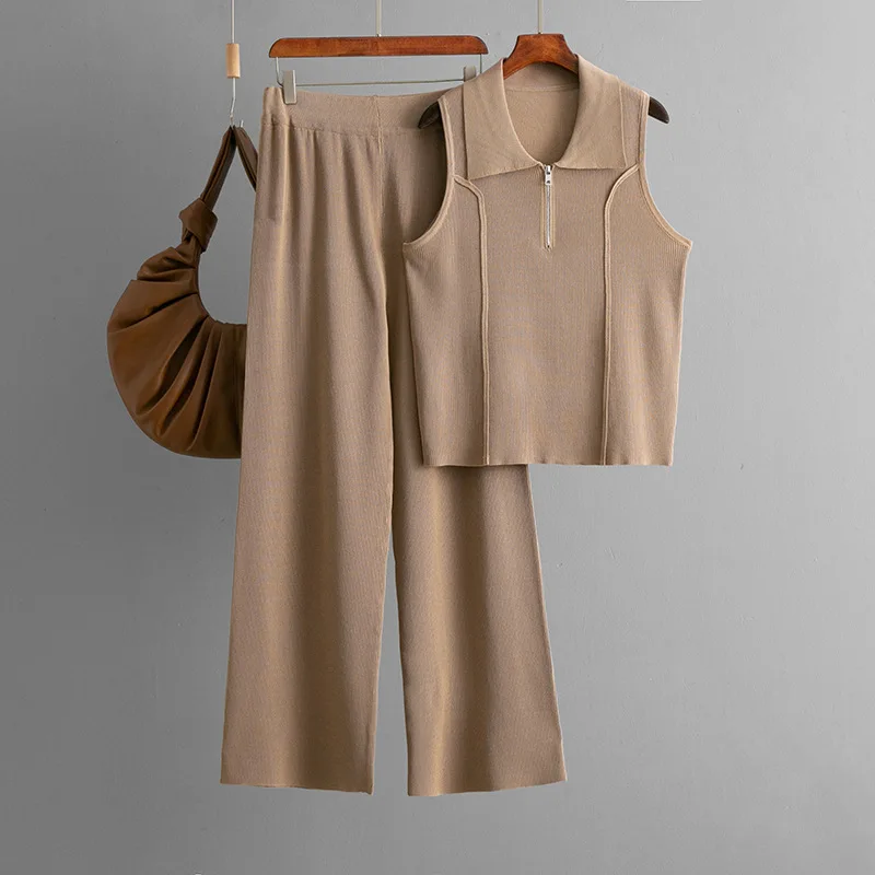 Knit Vest Suit Women 2 Piece Sets Knitted Tank Top Wide Leg Pants Ensemble Turn Down Collar Sleeveless 2025 Summer Outfits