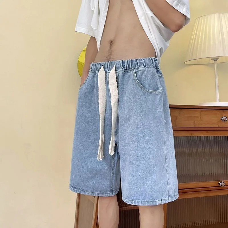 

Men's Short Jeans Pants Straight Tube Male Half Denim Shorts Blue Loose Harajuku Thin Stretchable Wih Zipper Original Stretch Xl