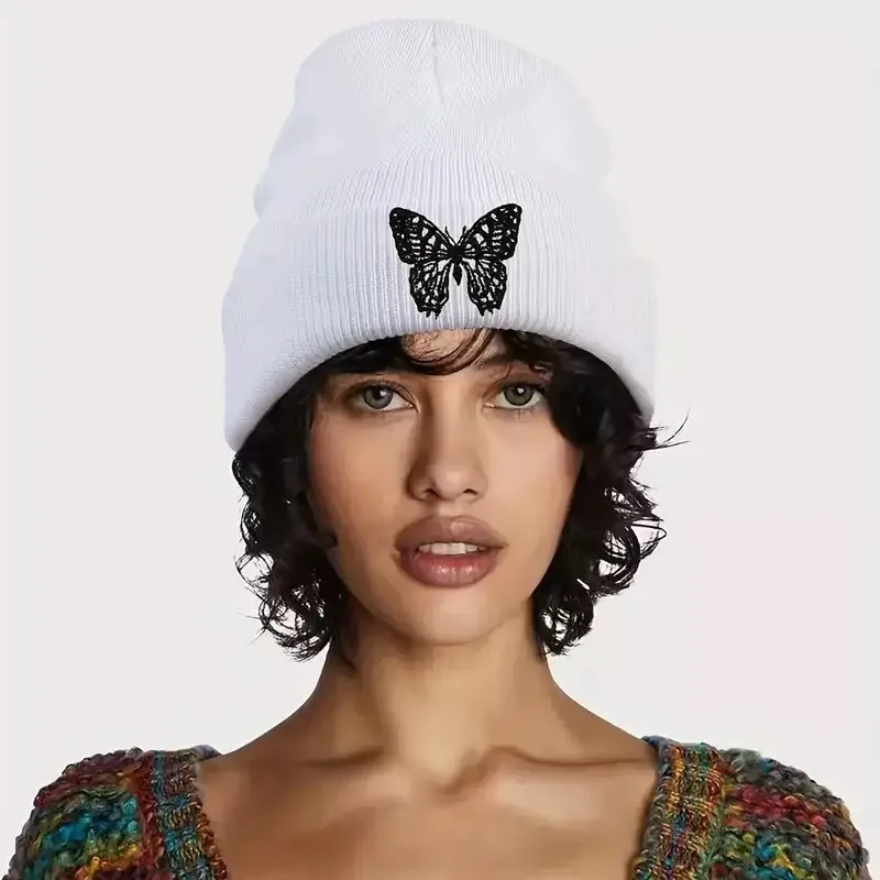Premium Soft Butterfly Embroidery Solid Color Neutral Warm Thickened Knitted Beanie Hat for Women Winter Cold Weather Cap