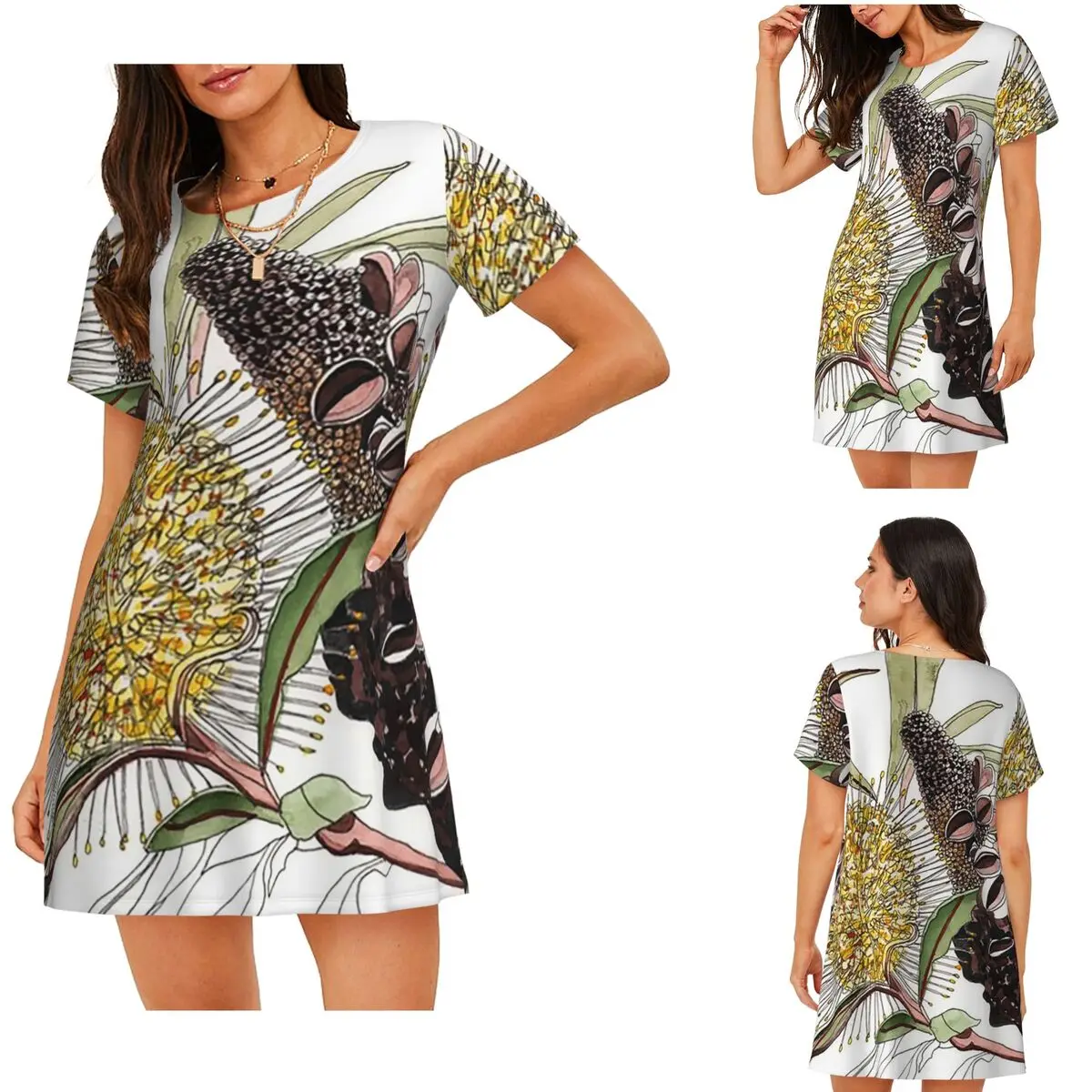 

Banksia Flower Pod Australian Flora Yellow Short Sleeves Nightdress For Sleeping Women Short Sleeve Nightgowns Soft Pajama Dress