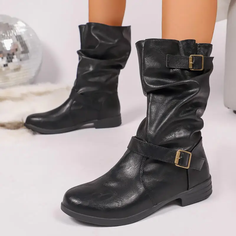 

Vintage Metal Belt Buckle Mid Calf Boots Women 2025 Winter Autumn Thick Heel Riding Boots Plus Size 43 Woman's Leather Booties