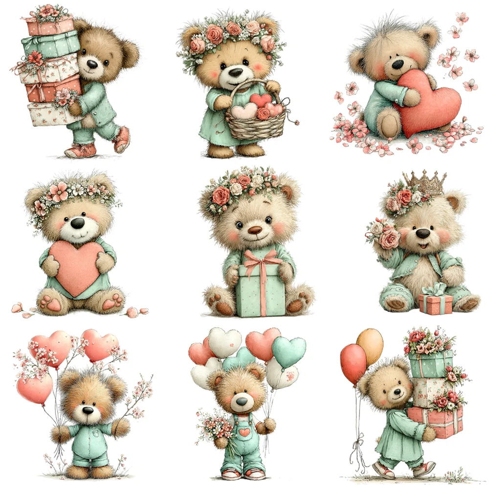 15cm Mothers Day Bear Presents A Gift To Mama Diy DTF Heat Transfer Sticker T-shirt Clothes Decals Iron On Transfer Stickers