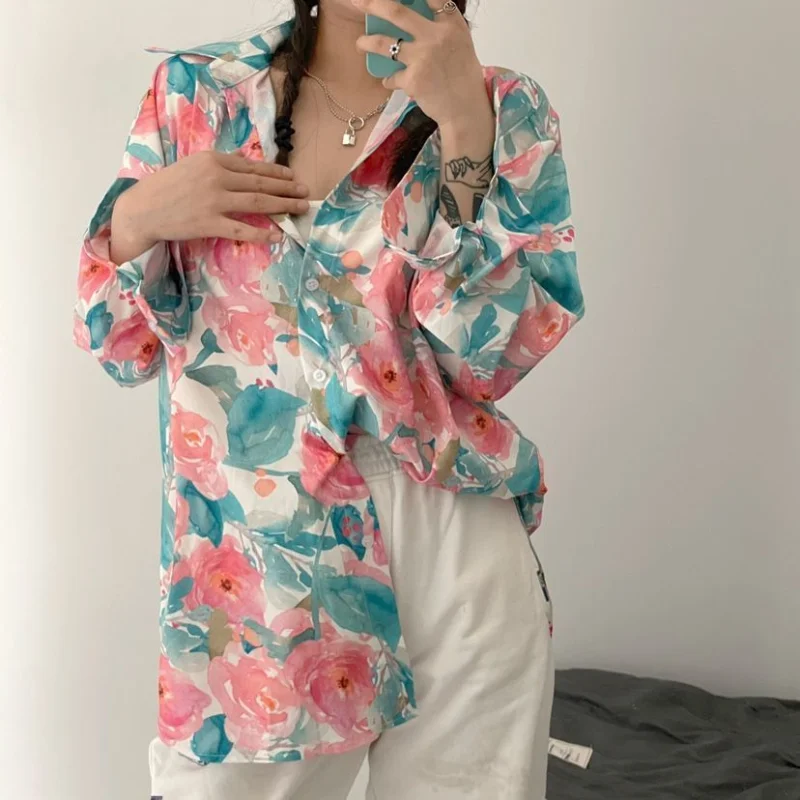 Spring Summer Vintage Long Sleeve Lapel Trend Single-breasted Oil Painting Roses Printed Loose Commute Women's Clothing Shirt