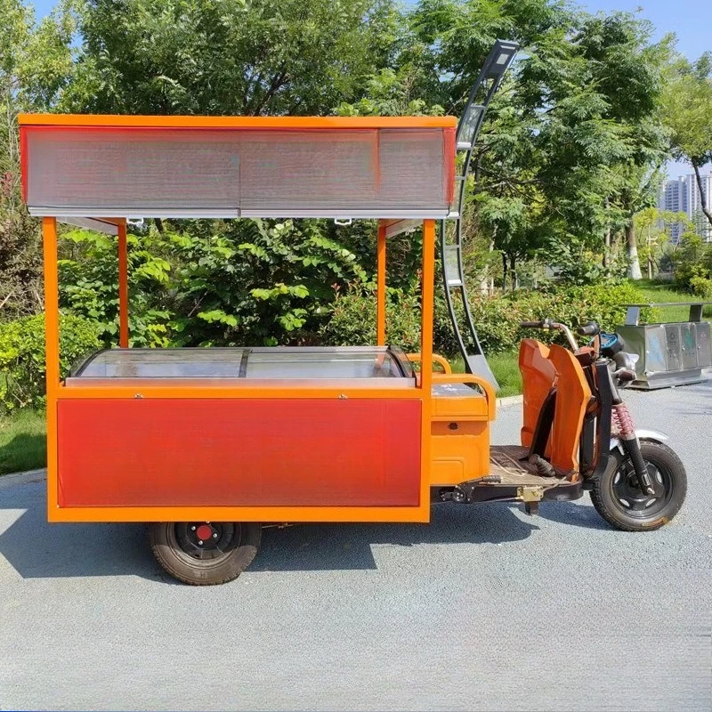 Truk camilan merah komersial pasar malam multifungsi, kios troli roda tiga listrik