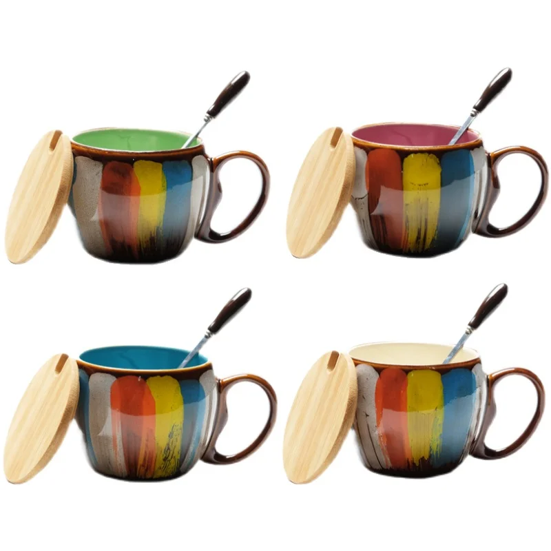 

Creative Hand-painted Mug Set Handmade Underglaze Colored Ceramic Coffee Cup Striped Milk Cup American Covered Spoon Coffee Cup