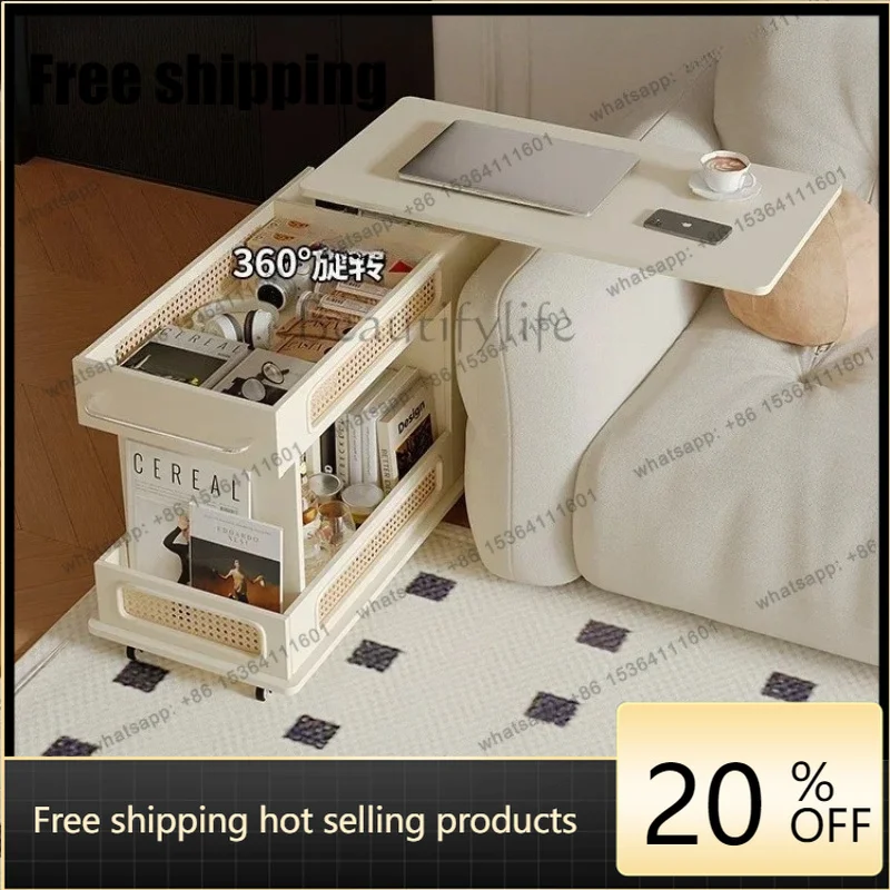 French Cream Style Rattan Coffee Table Movable Adjustable Small Coffee Table Sofa Side Cabinet Living Room Storage Table Factory