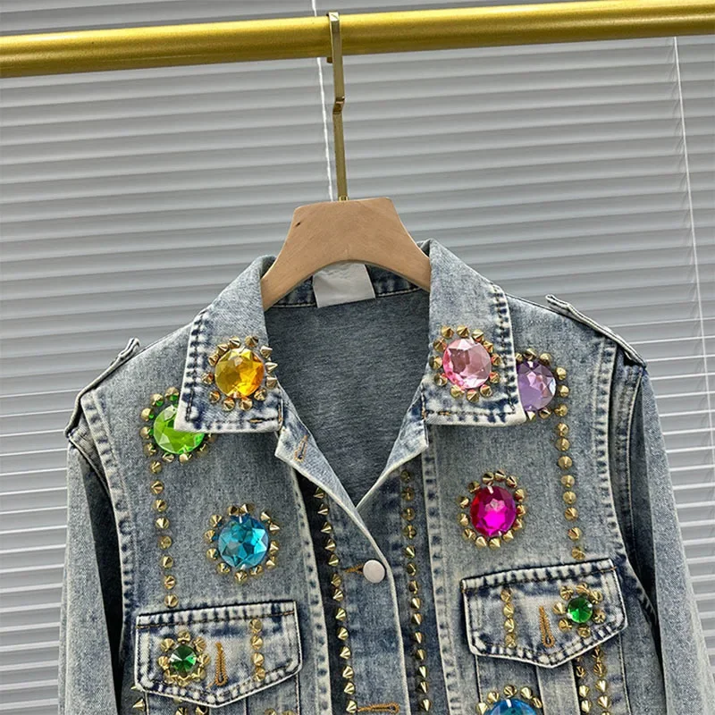 Heavy Work Beaded Rivet Diamond Women Light Blue Denim Jacket Casual Short Jeans Jacket Female Spring Clothes Streetwear Fashion