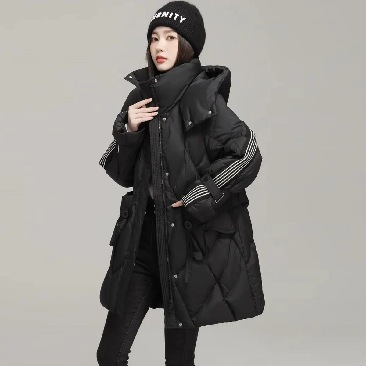 Winter Down Cotton Jacket Mid length Women's New Design sense Spliced Warm Thicken Parka Coat Female Loose Hooded Casual Jackets