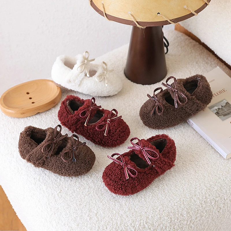Winter Girl's Mary Janes Double Bow Plush Sweet Kid's Flat Shoe Solid Colors Anti-slip Warm Daily Versatile Children Shoes