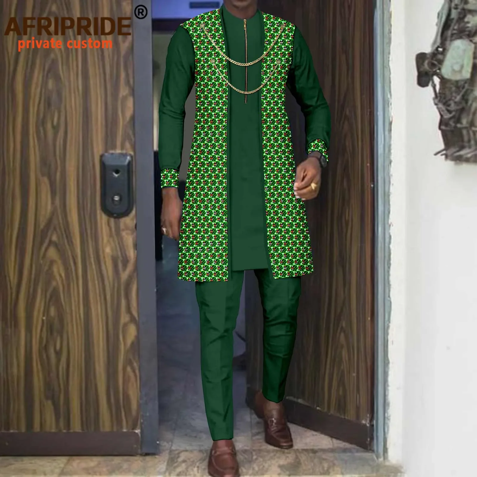 African Clothing for Men Two Chain Zip Jacket Shirts and Ankara Pants 3 Piece Set Print Outfits for Wedding Evening A2216004