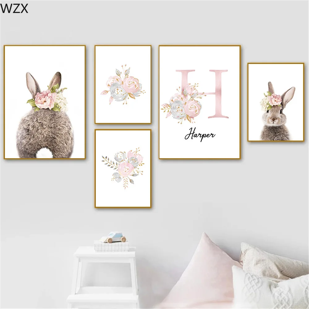 Pink Flower Canvas Art Print Baby Girls Custom Name Posters Bunny Tail Rabbit Nursery Wall Art Pictures Kids Room DecorPainting