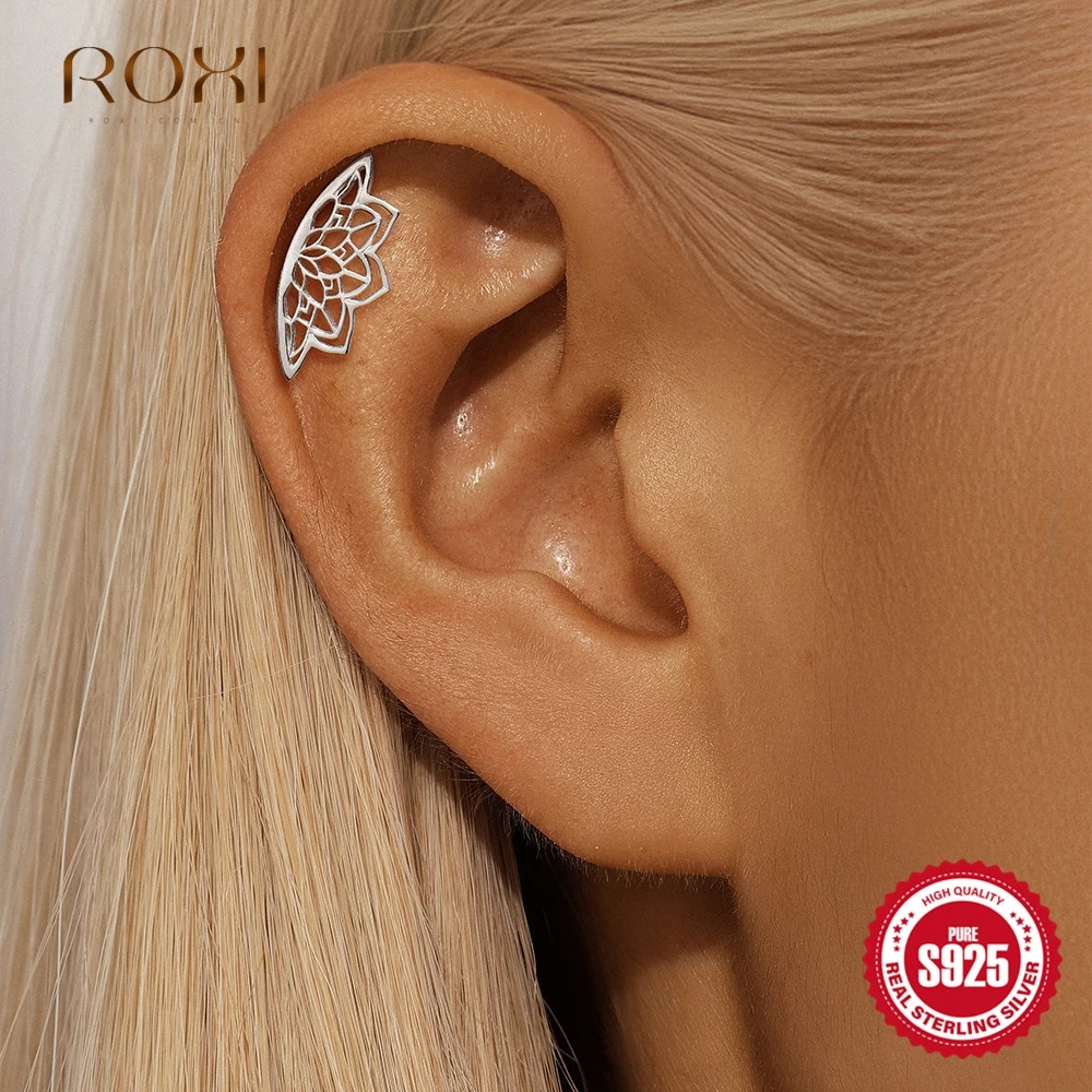 ROXI 1 PC 925 en argent Sterling 1 pièce brillant creux Lotus Piercing boucles d'oreilles pour femme lumière luxe à la mode fête quotidienne