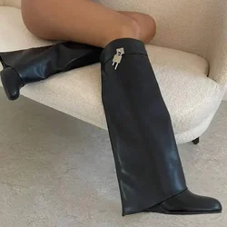 Autumn/Winter New Knee Length Mid Length Long Boots Fashionable Thick Soled Thick High Heels Boots Women's Long Leather Boots