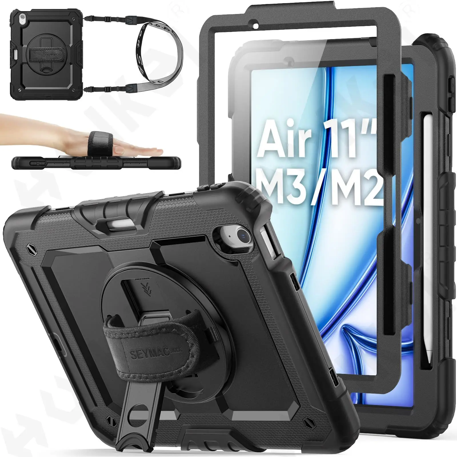 Case for iPad Pro 11 Air 13 2025 2024 4G 5G Heavy Duty Rotating Shockproof Stand Hand Shoulder Strap Black
