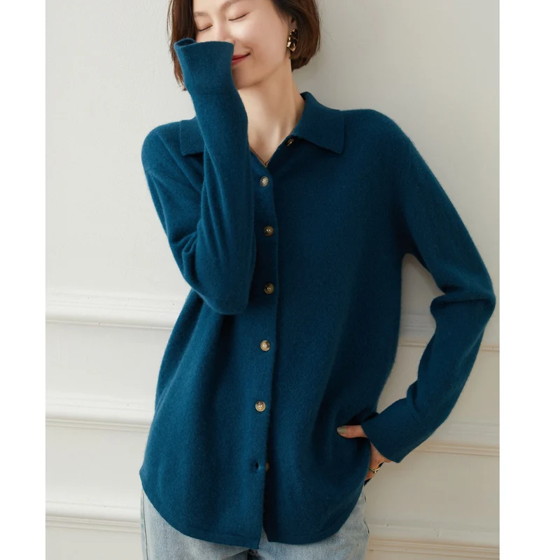 Hot Sale Women 100% Cashmere Female Elasticity Solid Knitted Cardigans New Turn-down Collar  Women Tops Autumn Winter