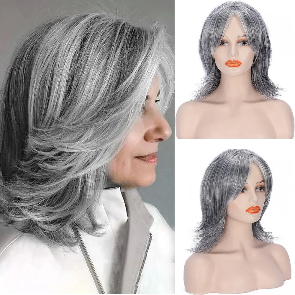 New Fashionable White  Grey White Outwardly Raised Octagonal bangs Chemical Fiber Head Cover Short Wigs