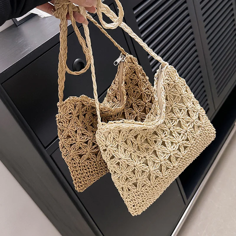 Women Beach Woven Straw Shoulder Messenger Bag Boho Hollow Out Crochet Crossbody Handbag Macrame Purse