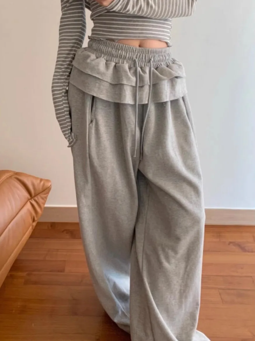 Casual Pleated Women's Pants with Ruffle Waist Dstring Loose Slimming Straight Leg Anti-Aging Floor-Length Sweatpants