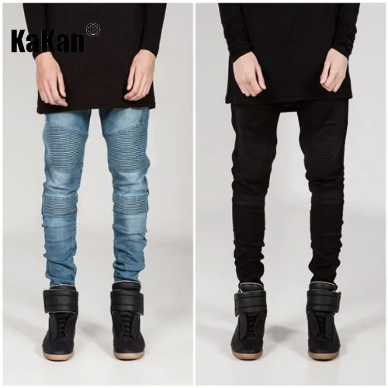 Kakan - European and American New Trendy Motorcycle Jeans for Men, Wrinkled Slim Fit Small Foot Elastic Long Jeans K7-3801