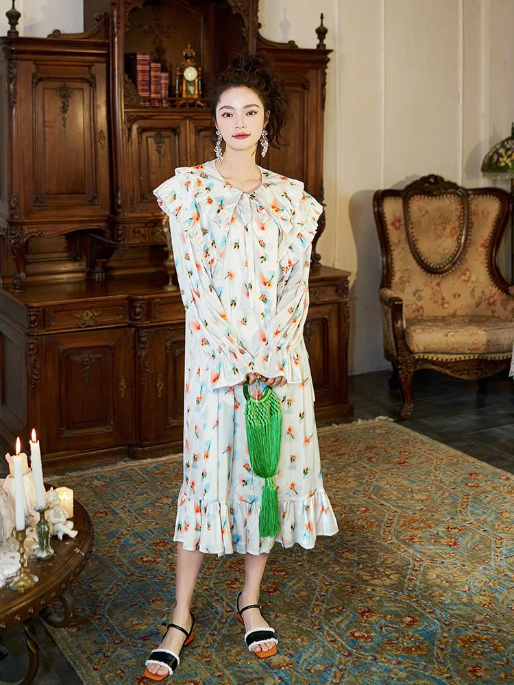 

TXii Spring and Autumn New Printed High-end Sweet Long-sleeved Ice Silk Large Size Loose Long Home Nightdress