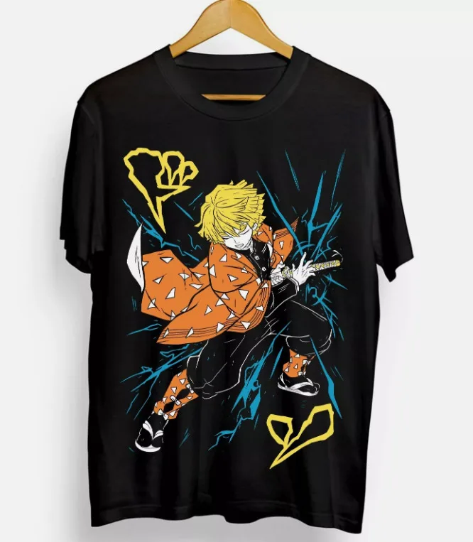 Agatsuma Zenitsu Shirt Demon Slayer Kimetsu No Yaiba Anime Black Shirt All Size