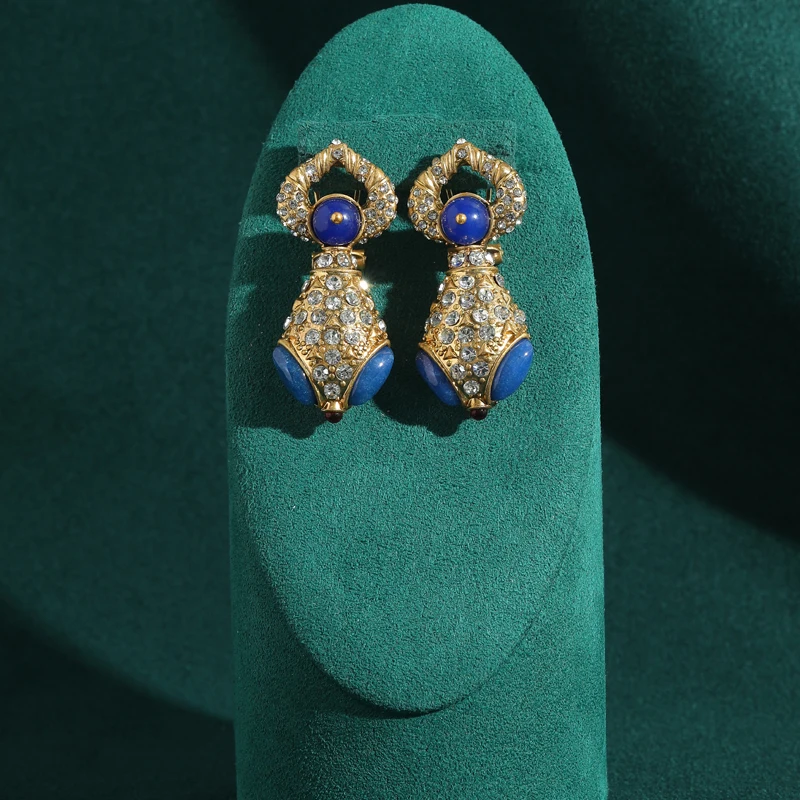 Vintage Rhinestones Snake Blue Earrings Antique Gold Color Luxury Drop Natural Stone Woman Accessories Jewelry High Quality 2025