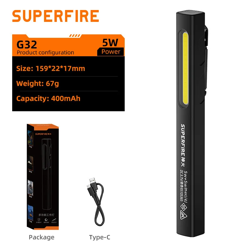 SUPERFIRE G32 penlicht met zijlicht en traploos dimmen zaklamp, mini-pocket LED-zaklamp voor I camping autoreparatie noodgevallen