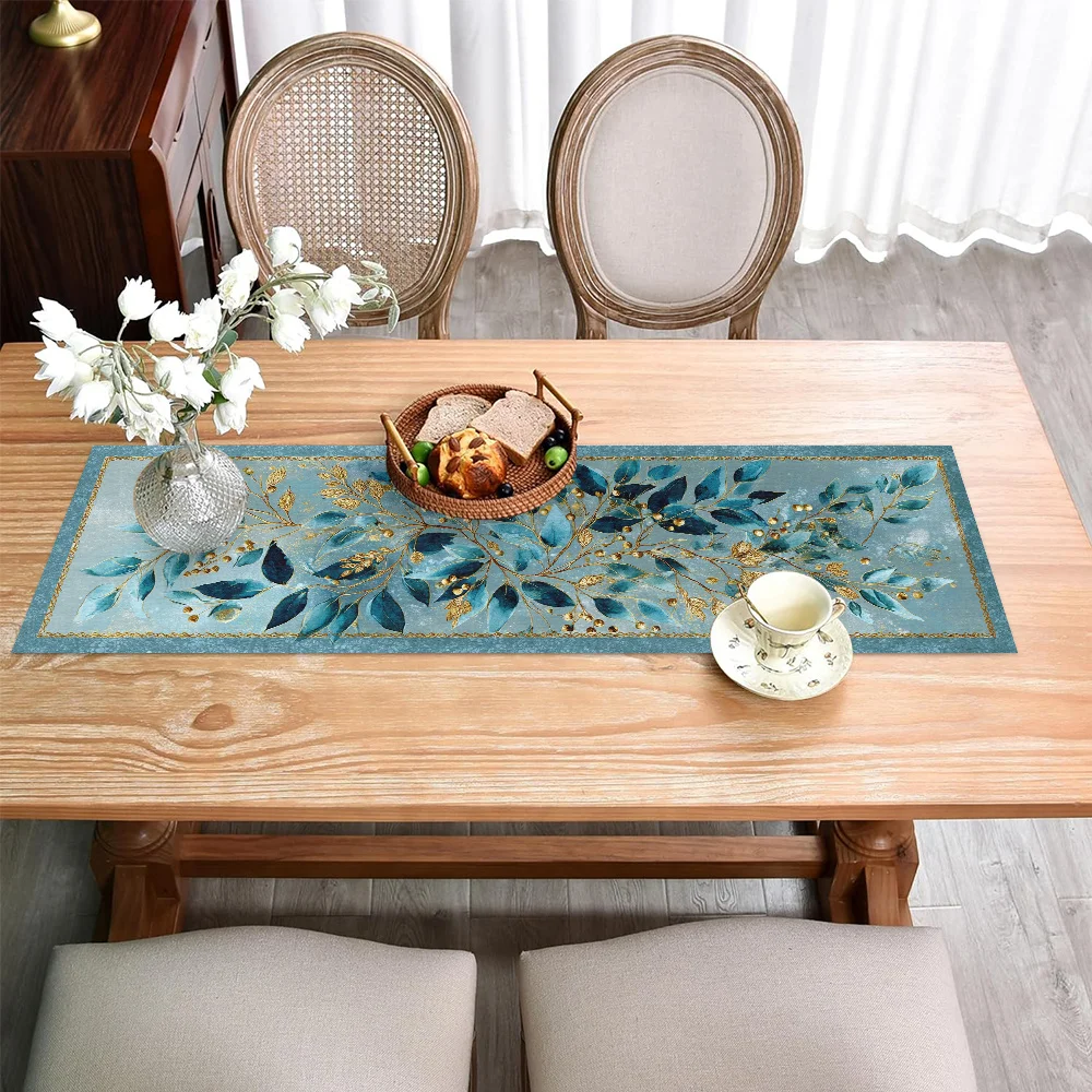 1 Stück türkisblauer und goldener Tischläufer mit blaugrünem botanischem Druck für Esstische, Hochzeiten, Bankette, Restaurants