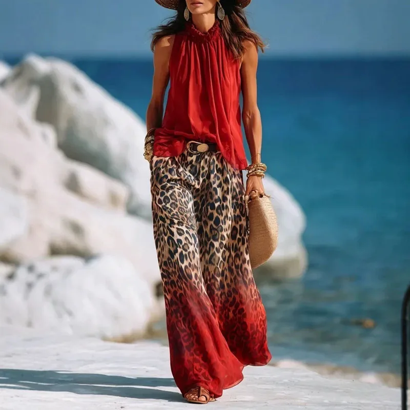 Greenora Summer Women 2Pcs Outfit Ruffle Neck Sleeveless Elastic Waist Gradient Leopard Print Wide Leg Pants Outfits Casual Vaca