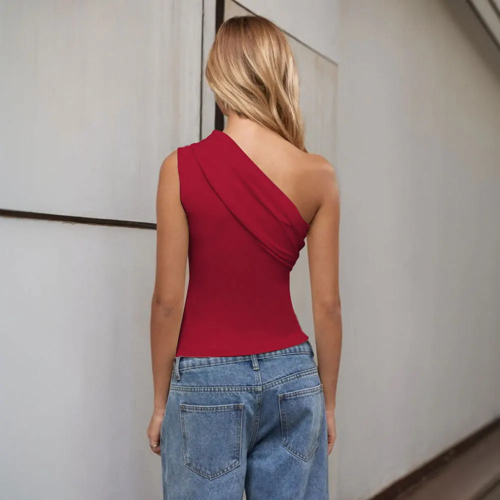 Designer Asymmetric Neckline Cami Summer New Slim Fit Stretchy Top Multi-Color Options Women Daily