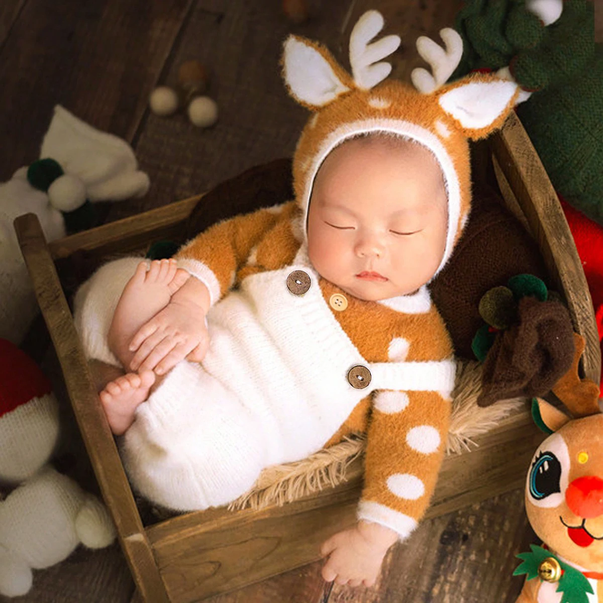 Ylsteed Newborn Baby Christmas Outfit for Photo Shooting Knitted Infant Suspender Pants Tops Antler Hat Baby Photography Props