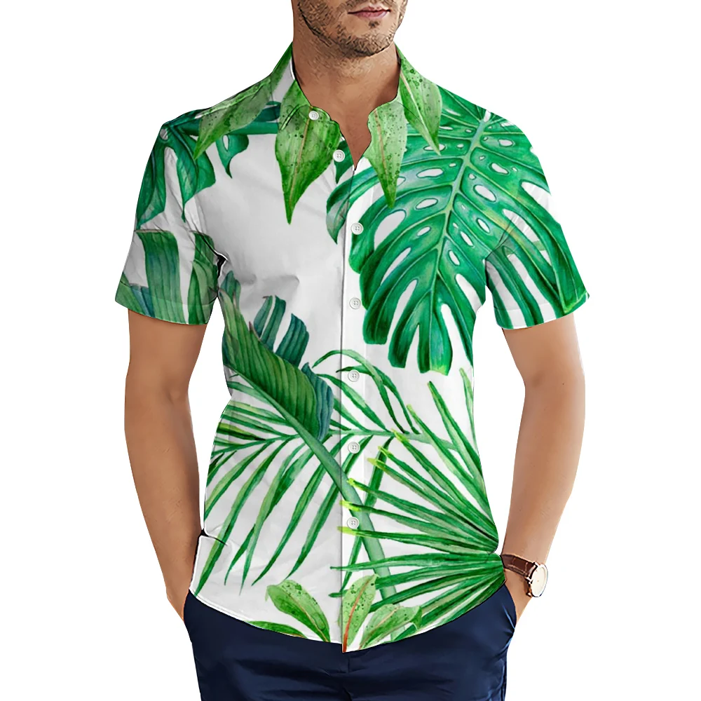 

HX Hawaiian Beach Shirts Polynesia Tropical Plant Leaves Printed Short Sleeve Shirt 3D Graphic Tops Ropa Hombre Men Clothing