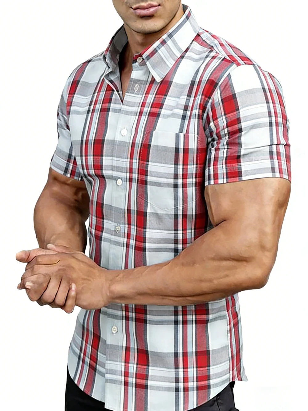 

Men's Micro-Elastic Fabric Short-Sleeve Shirt Pink Plaid High-Definition Printed Shirt Hawaiian Leisure Designer Men's Clothing