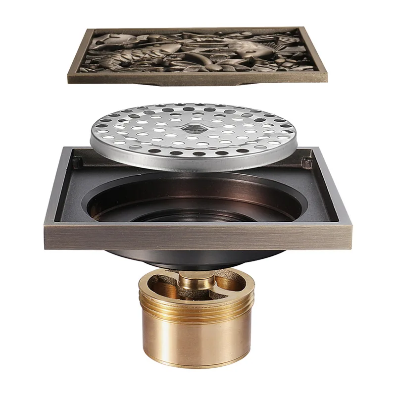 العتيقة برونزية منحوتة 10X10 سم الطابق استنزاف النحاس دش الطابق استنزاف الأوروبي مربع الطابق استنزاف غطاء شاشة مصبغة استنزاف #5