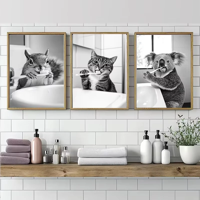 Black White Funny Bathroom Animal Brushing Teeth Poster Vintage Style Canvas Painting Print Wall Art Picture for Home Decoration