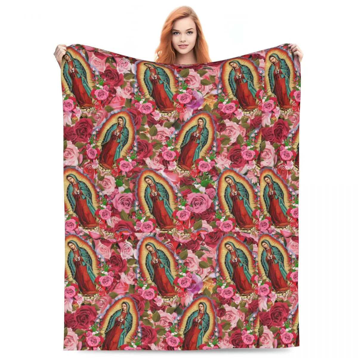Custom Guadalupe Virgin Mary With Flowers Blanket Warm Fleece Soft Flannel Throw Blankets for Bedding Sofa Car Spring Autumn