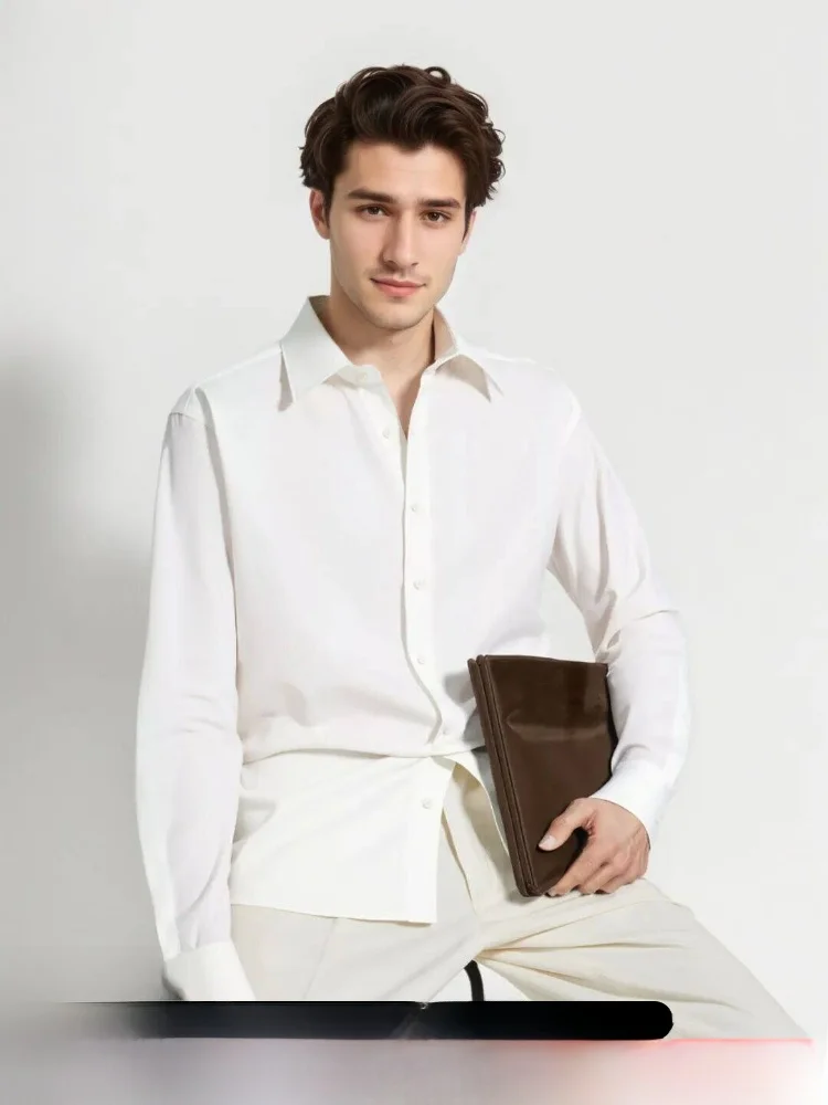 

High-End 40 Version Anti-Wrinkle Long Sleeve Men's Business Commute Shirt Pure White Administrative Style Polyester Blend