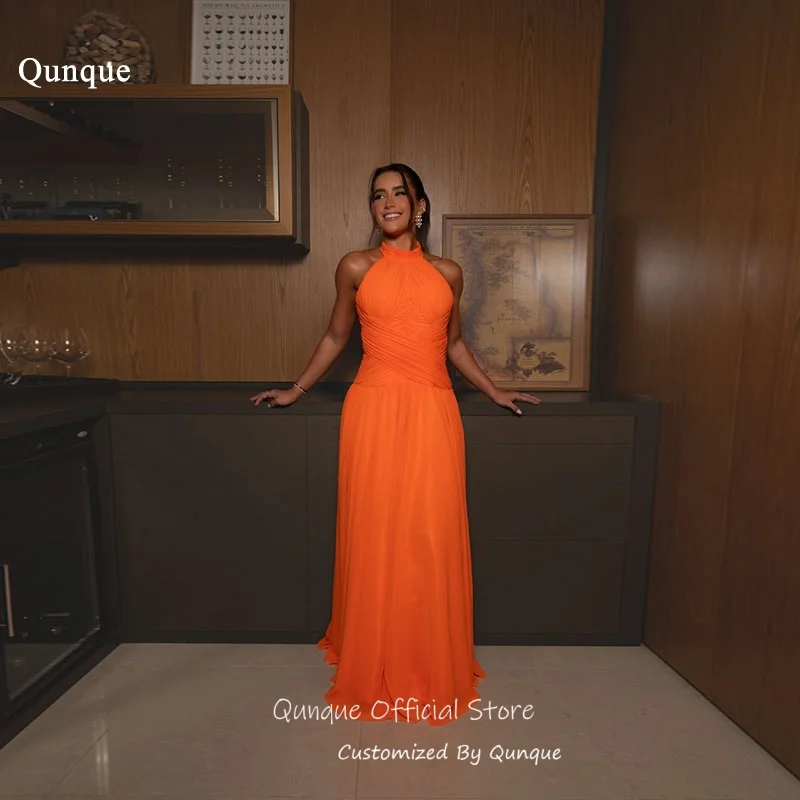 

Qunque Halter Neck Bright Orange Chiffon Evening Dresses A Line Flowy Prom Dresses Cross Waist Ruched Robes De Soirée Customized